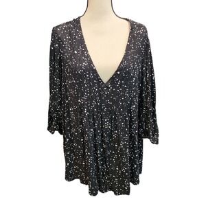 Terra & Sky 2X Black‎ White Print 3/4 Sleeve V Neck Blouse Top Plus Size